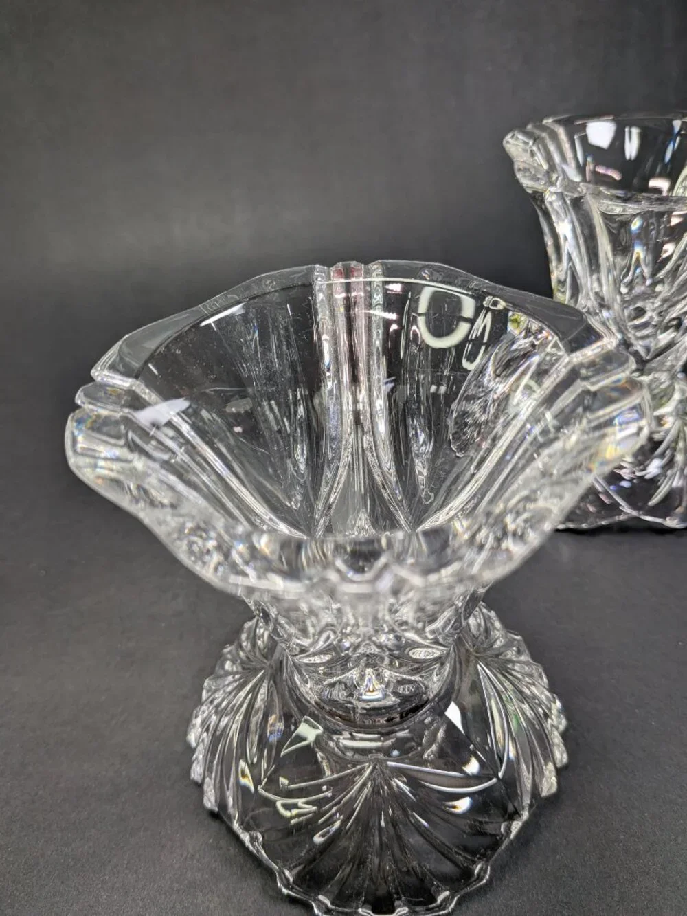 VTG 60s Crystal Reversible Candle Holders Dual Taper Rose Bowl Set of 2 Rings